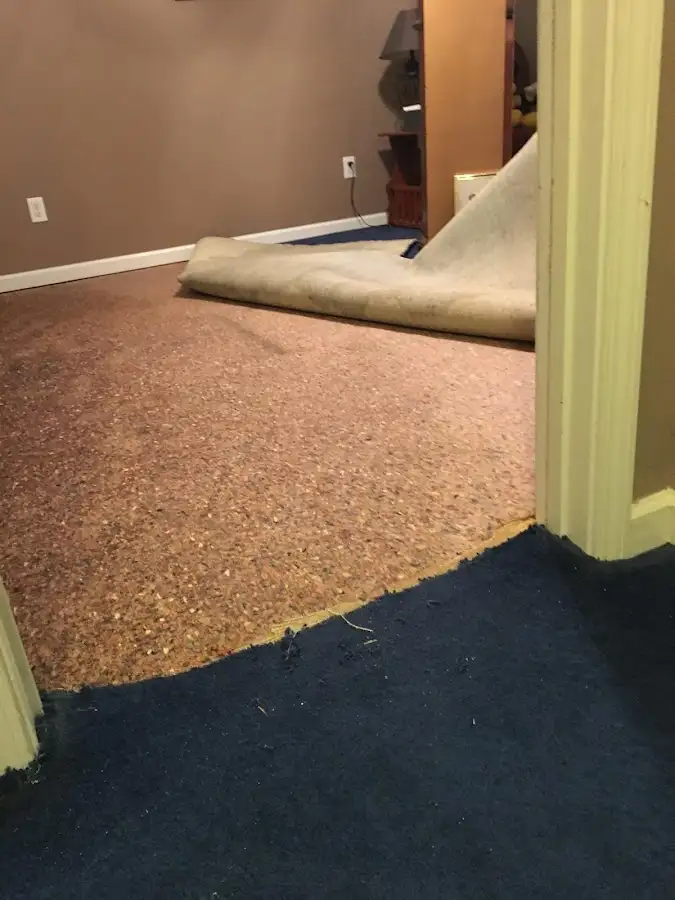 Carpet pad removal revealing water damage during Water Mitigation Services in Pompano Beach